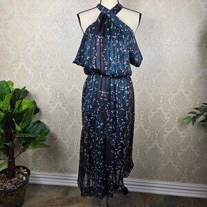 RACHEL Rachel Roy Size 6 Halter Neck Cold Shoulder Dress Green Black Silver Midi